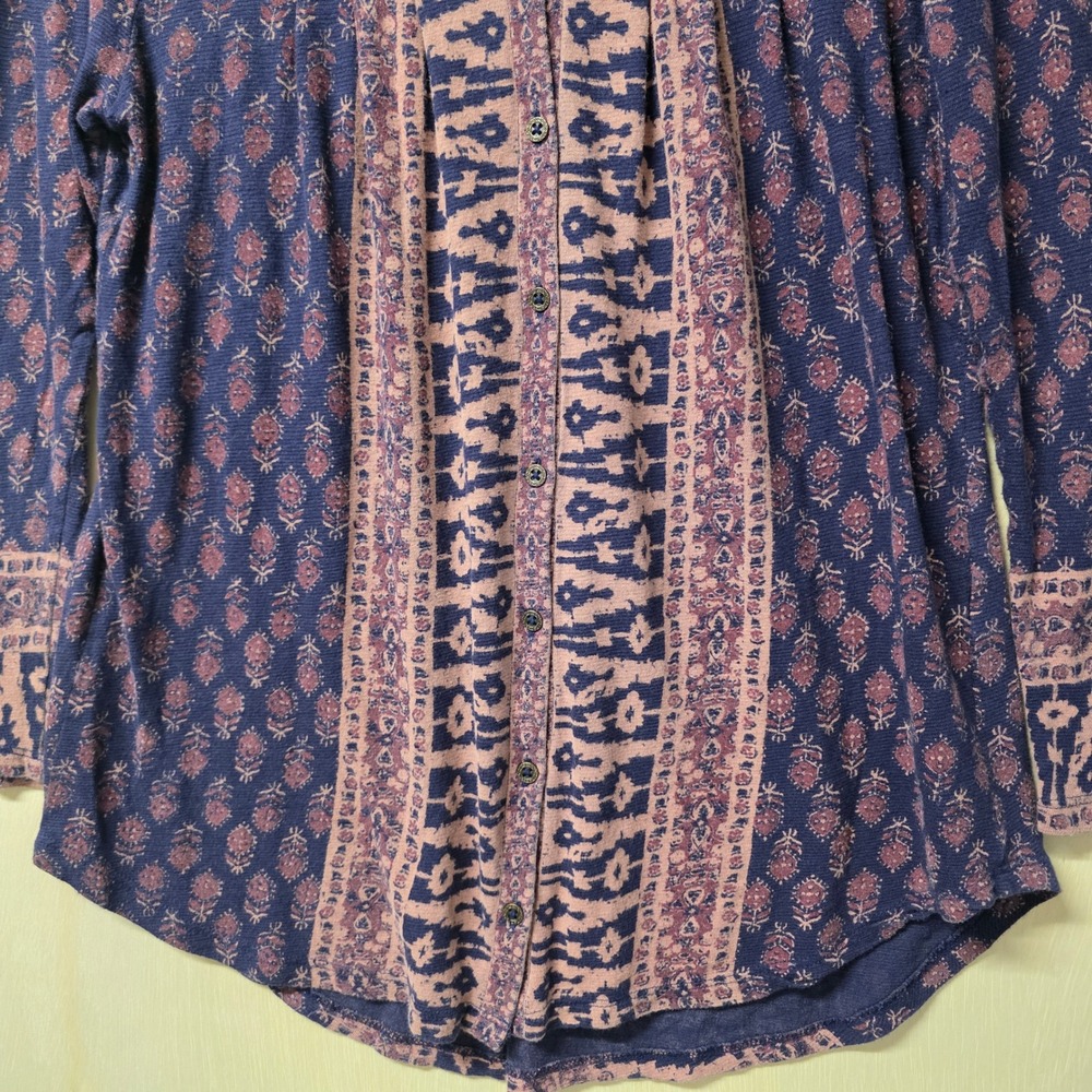 Lucky Brand Purple Ikat Floral Henley Blouse Long Sleeve Boho Top Medium - Picture 9 of 12
